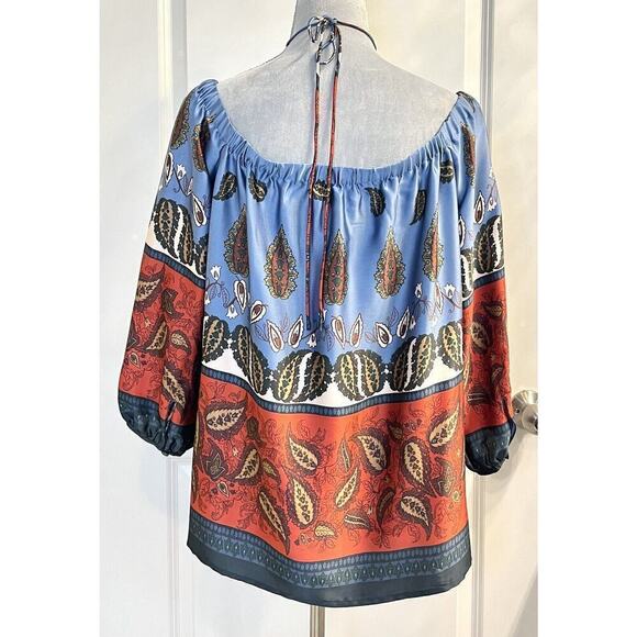 Loft Blue Red Paisley Blouse Peasant Off Shoulder Halter Top Women’s Sz S - Picture 5 of 8